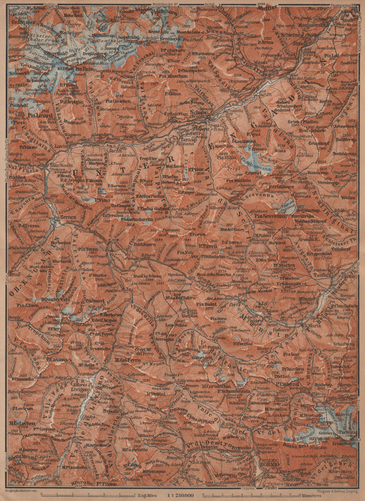 LOWER ENGADINE. Livigno Bormio Ftan Scuol Silvretta Range Piz Buin 1901 map